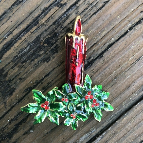 Red Candle Christmas Brooch Holly Enamel Brooch Jeweled Gold Pin Vintage Jewelry - Picture 1 of 2